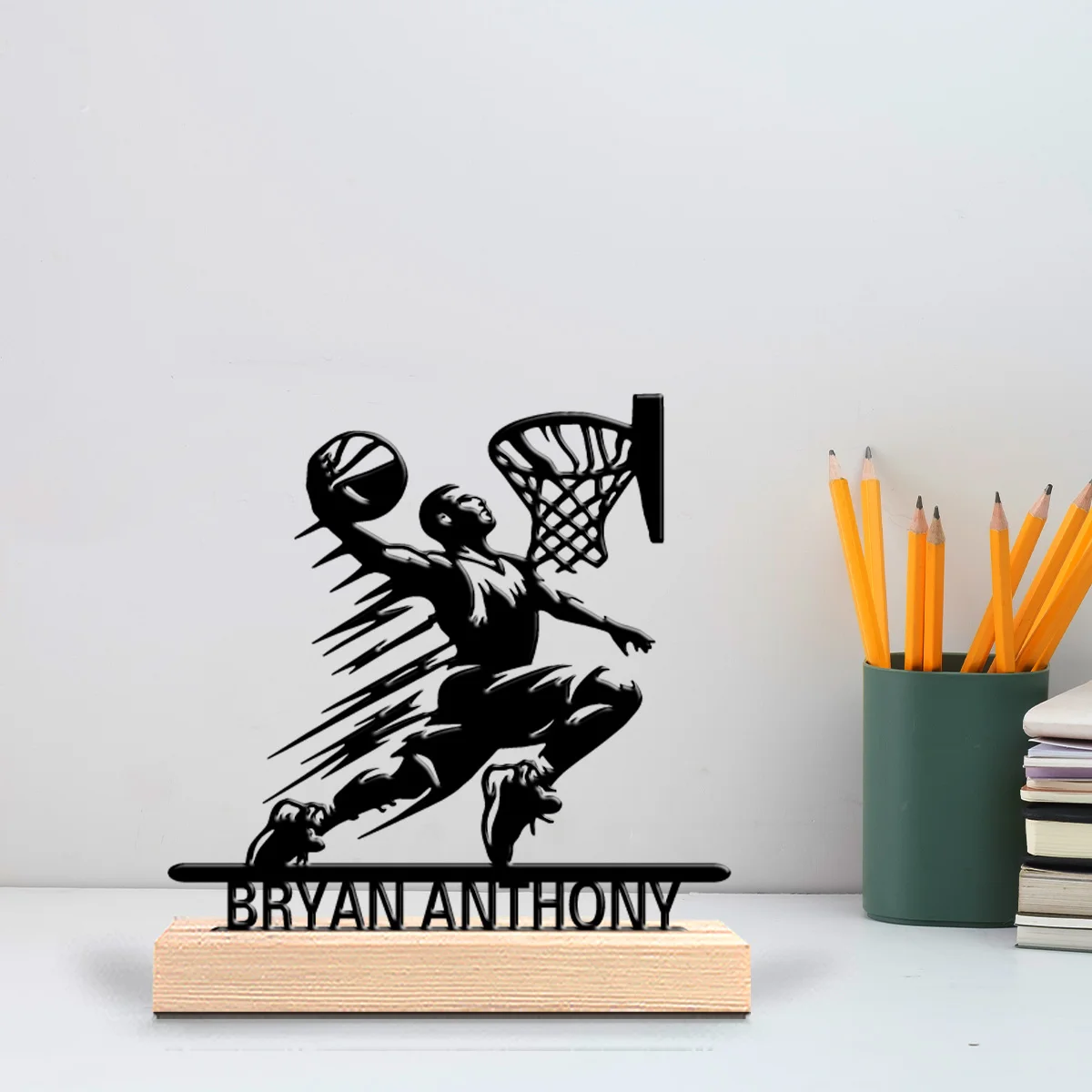 1pc Fashion Shoot the ball Customizable Text Metal Statue Iron Art Figurine With Wood Base Metal Ornament For Office Room Decor