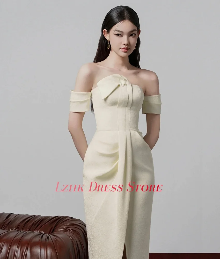 Customized New fashion Jersey Straight Off the Shoulder Evening Dress Delicate Short Sleeves Strapless Ankle Length Party Gowns