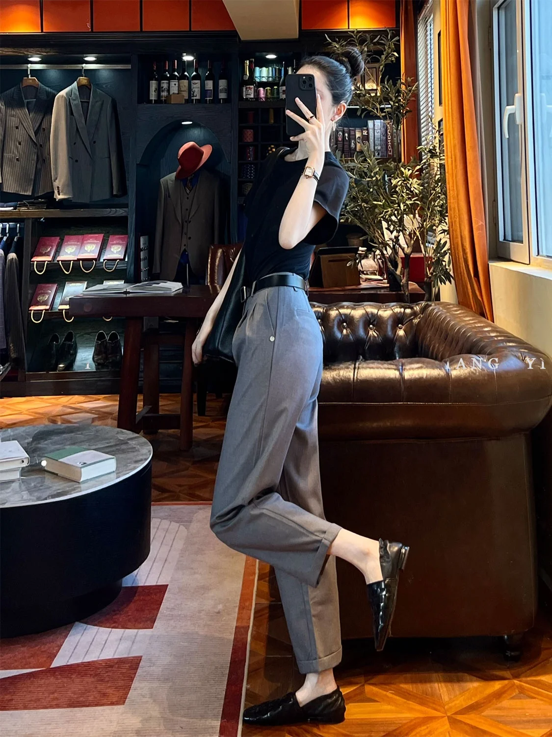 Calças de Cintura Alta Afuniladas Femininas, Leggings de Comprimento 7/8, Design Clássico Simples, Calças de Terno para Negócios