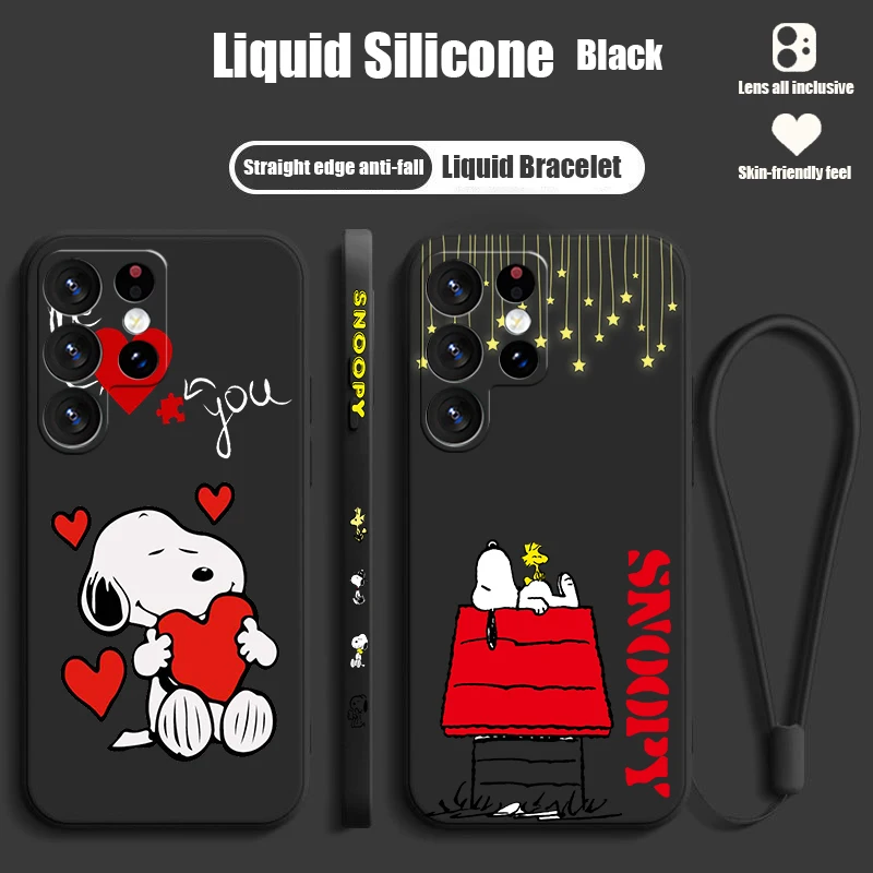 Cartoon S-SnoopyS Dog For Samsung S24 S23 S22 S21 S20 Fe S10 Note 20 10 Ultra Lite Plus Liquid Left Rope Phone Case