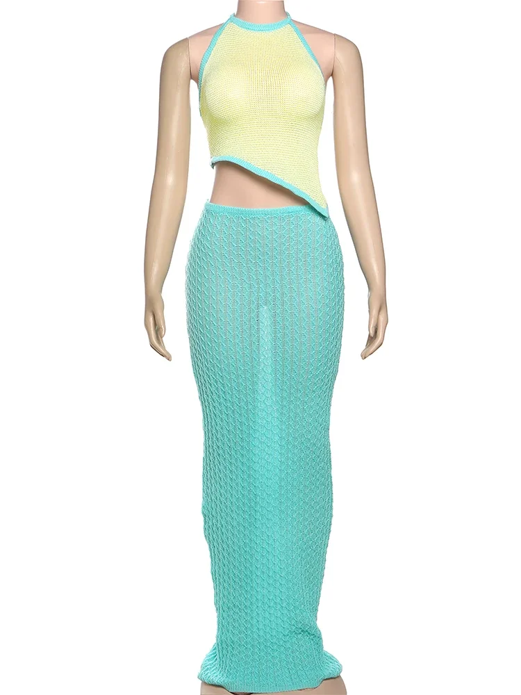 

Sisterlinda Knitted Holiday 2 Piece Set Summer Simple Panelled Trim Halter Banage Tanks+Solid Maxi Skirts Female Beach Outfits
