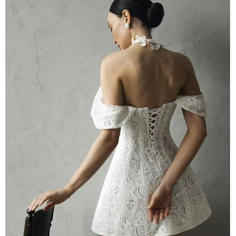 Short Wedding Dress Cold-Shoulder Straight Neckline Beading With Lace Mini Ball Gown Long Sleeve Strapless Customized Bridedress