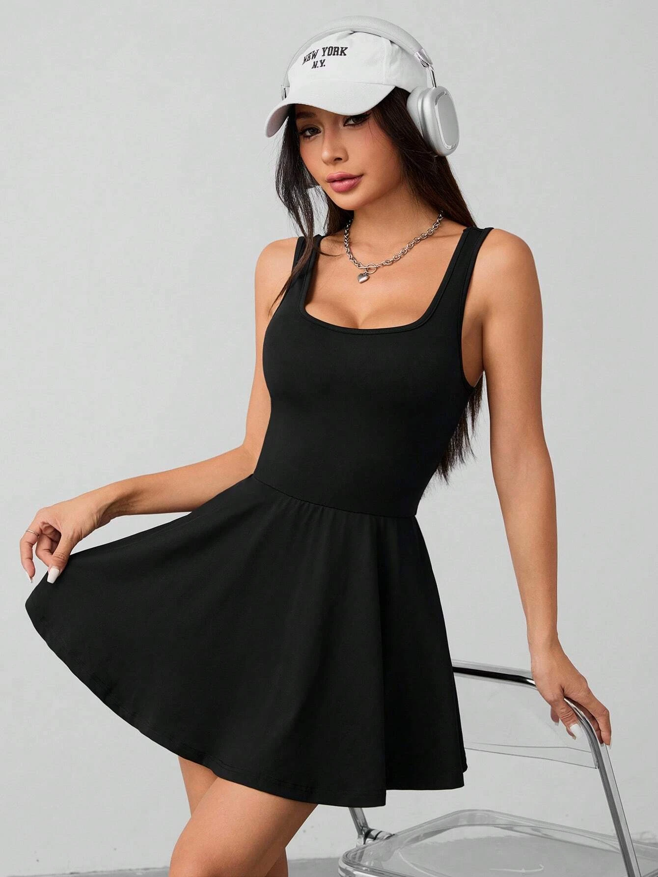 Women's Sexy Elegant Black party & casual dress - Stretchy A-Line skirt, Low Neckline, Machine Washable Formal & Everyday Outfit - view 5
