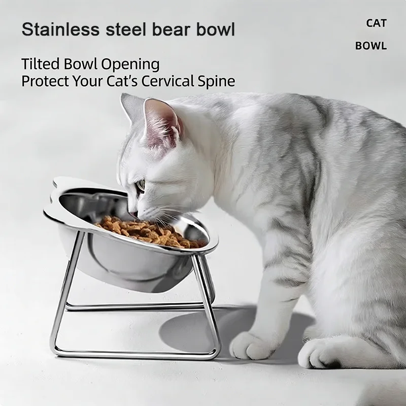 Nuevo Comedero Elevado para Gatos de Acero Inoxidable 304 con 15 ° Comedero Elevado con Diseño Inclinado para Gatos y Cachorros, Protección para el Cuello, Alimentación Saludable, Irrompible