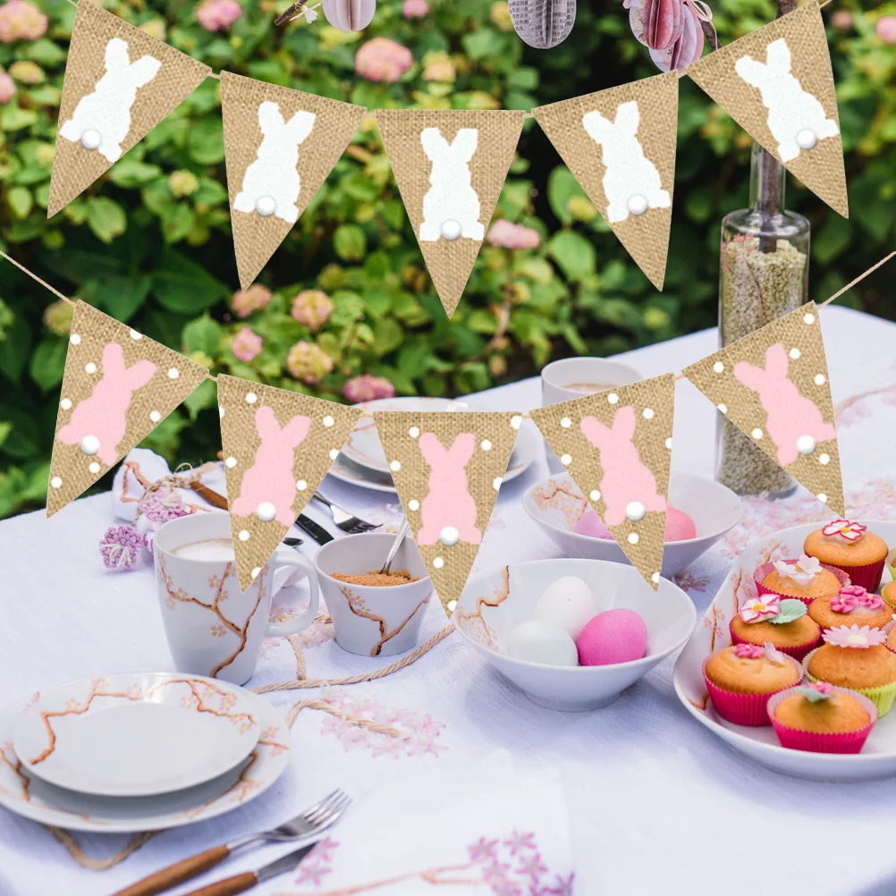 

2Pcs Easter Rabbit Banner Garland Polka Dot Design Burlap Pennant Flags Festive Home Decor for Branches Door Tree Window Party