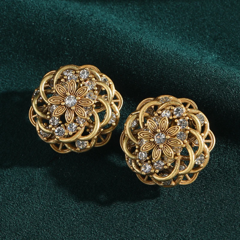 

Vintage Flower Earrings Gold Color Antique For Woman Zircon Rhinestone Round Woven Metal Structure With Sparkling New 2025 Trend