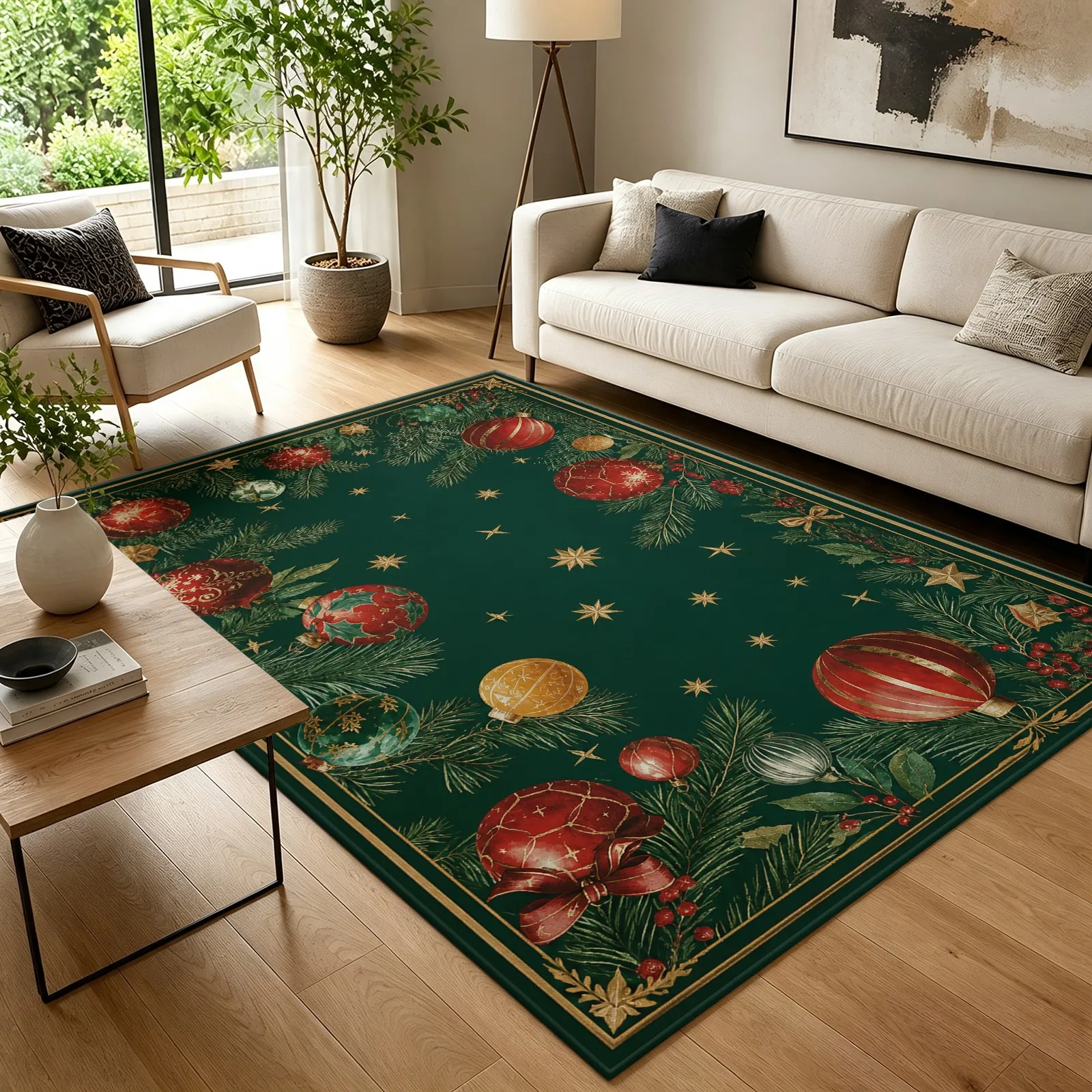 1pc Christmas Ball Pine Branch Area Rug, 2D Flat Print, Indoor Floor Mat for Living Room, Winter Holiday Decor
