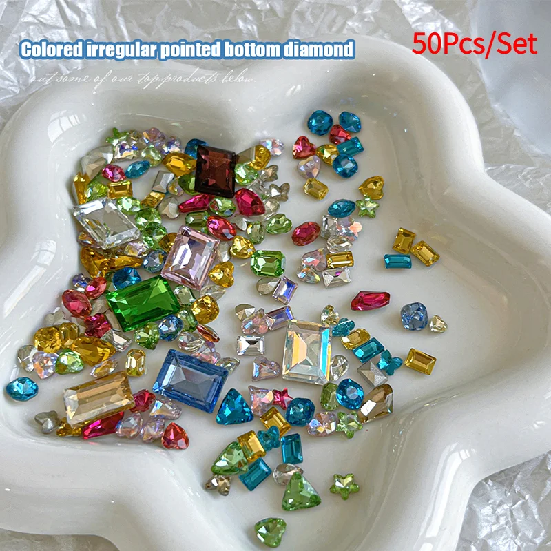 50Pcs Rhinestones Nail Art Charm Special-Shaped Pointed-Bottom Colorful Crystal Jewel For Face Clothes Shoes Decor Nail Supplie