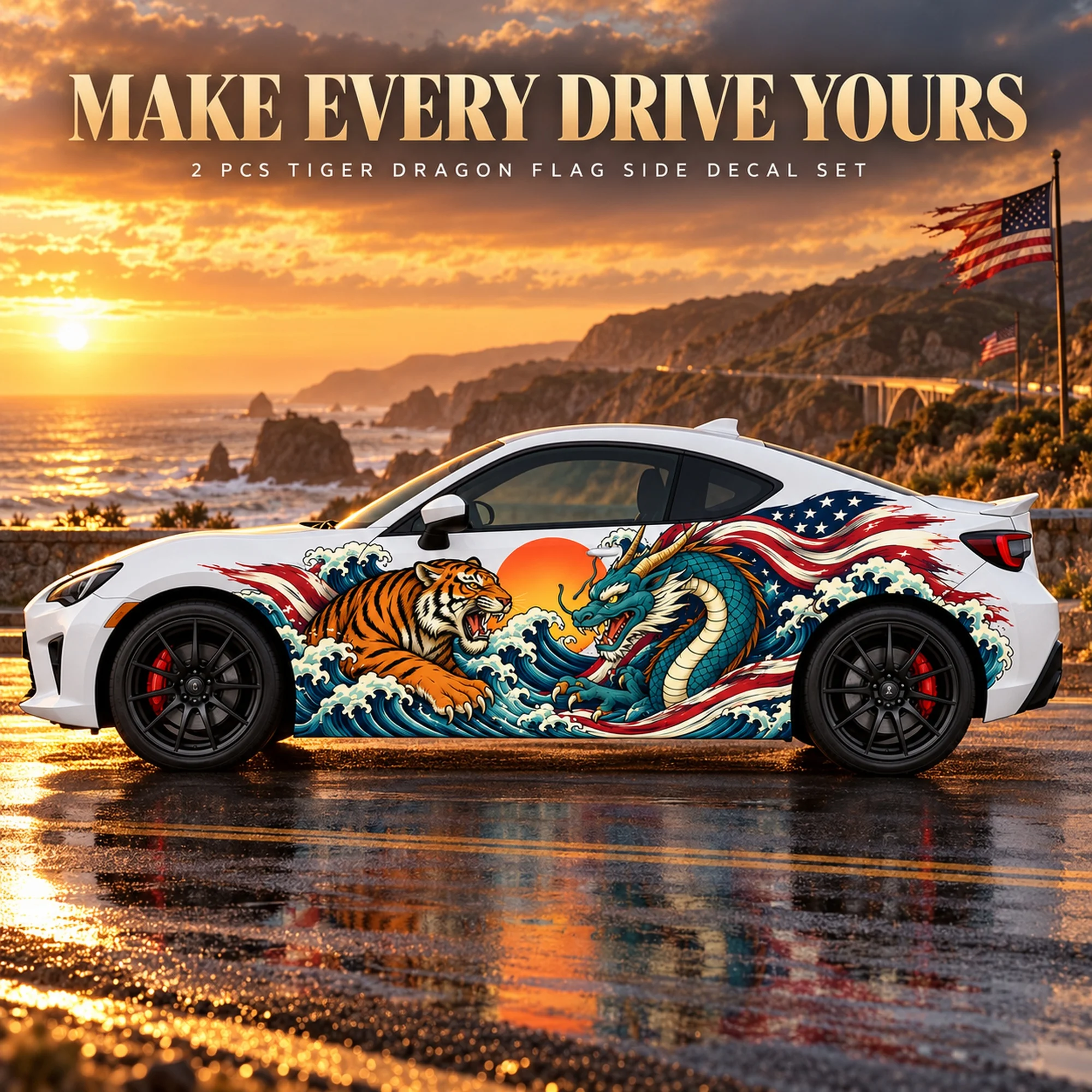2 PCS Tiger Dragon American Flag Wave Car Side Decals, Die-Cut Vinyl Sticker Set