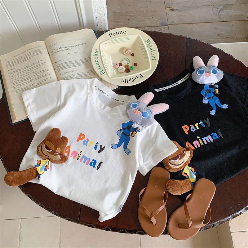 

Летняя детская футболка Judy&Nick с буквенным принтом, топы с короткими рукавами и рисунком Zootopia, американские повседневные модные милые детские футболки