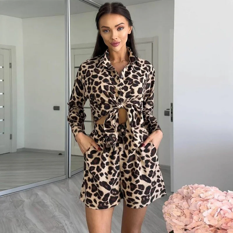 Two Piece Outfits for Women Summer Sexy Long Sleeve Button Down Oversized Shirts And Shorts Leopard Blouses Tops Tracksuit Sets