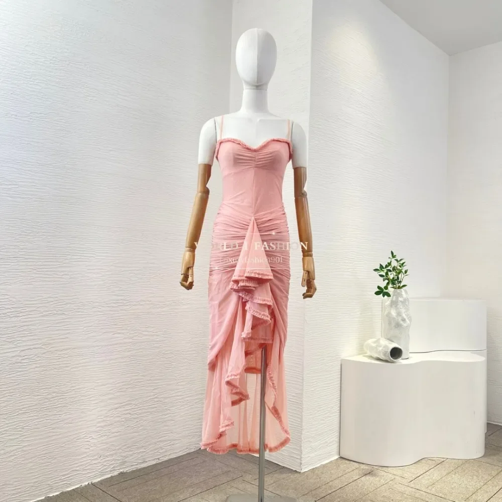 

Peach Pink Pleat Ruffles Frilled Sleeveless Tube Midi Dress 2025