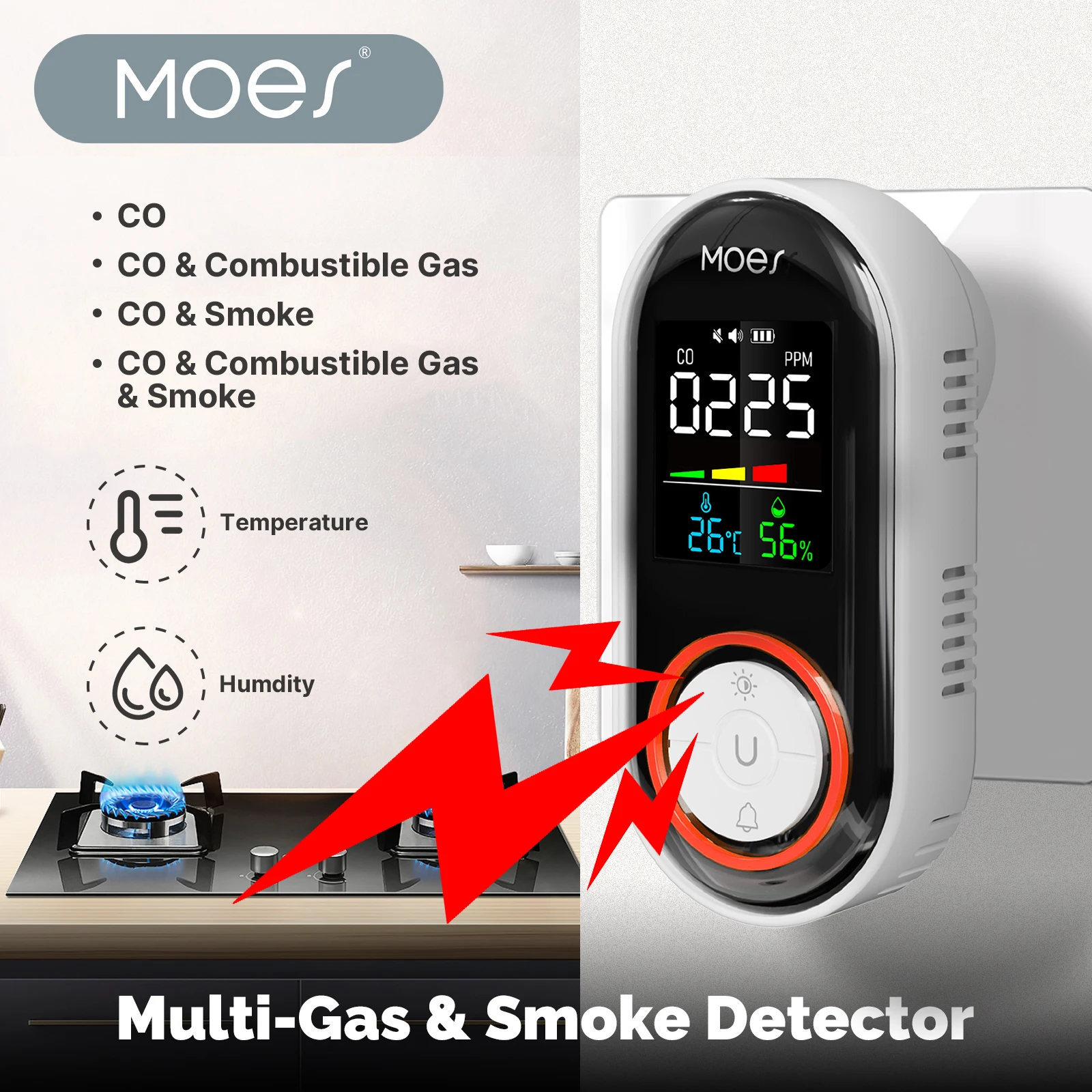 Smart 4 in 1 Smoke Carbon Monoxide Combustible Gas Temp Humidity Sensor Detector, Gas Leak CO Smoke Alarm Monitor for Kitchen Ga