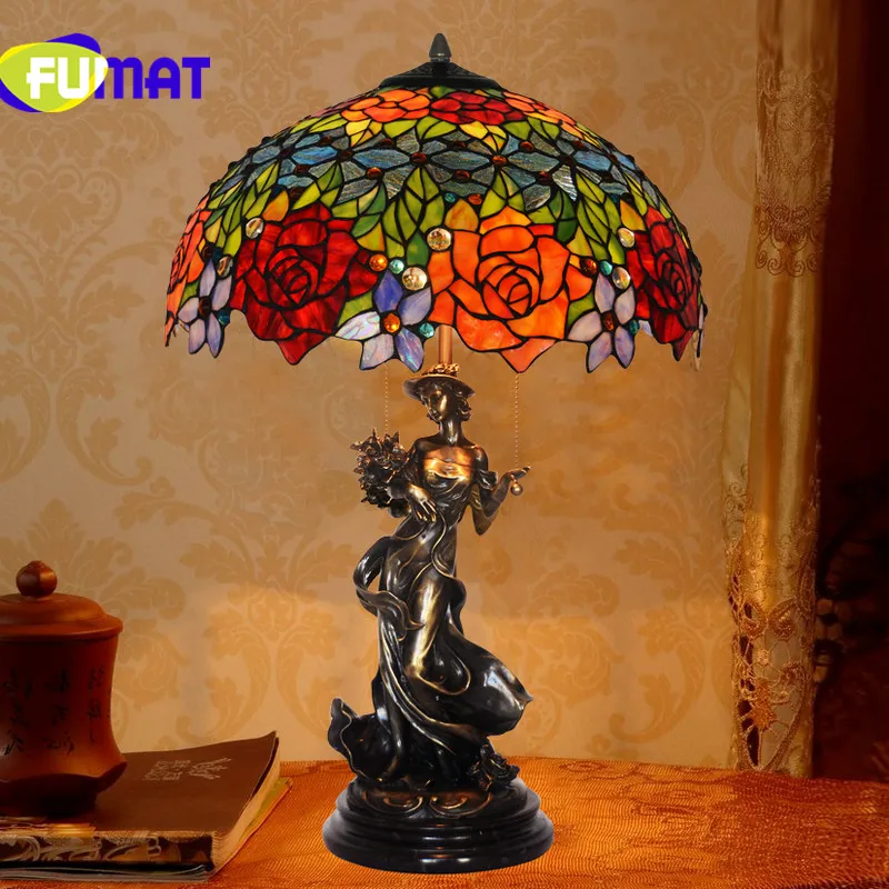 FUMAT Virgin Bronze Art Antique Collection Table Lamp European Retro Rose Stained Glass Bedroom Living Room Decoration Creative