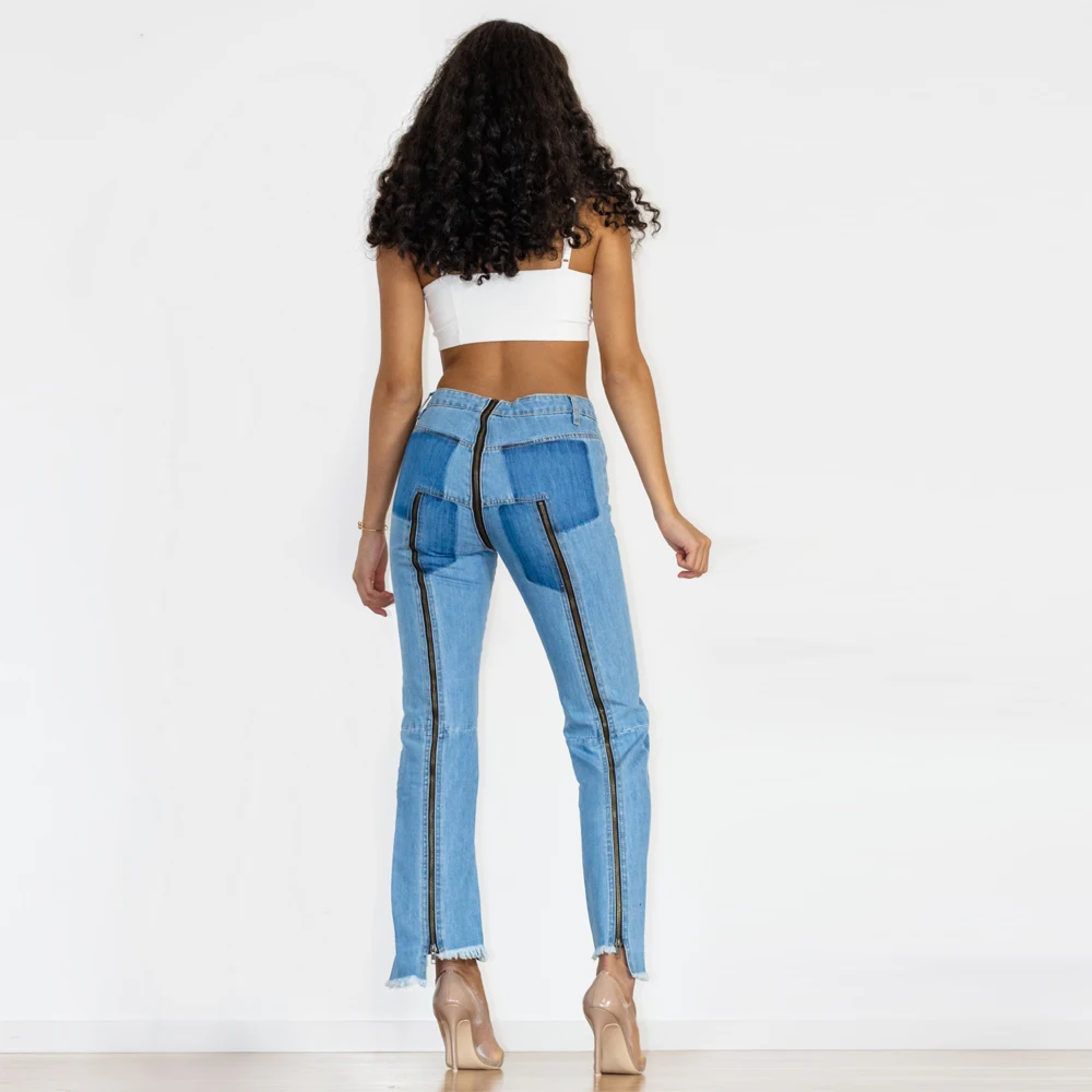 Shascullfites Melody Women Sexy Club Dance Wear Zipper Jeans Skinny Pencil Light Blue Denim Pants Back Zipper Long Jeans