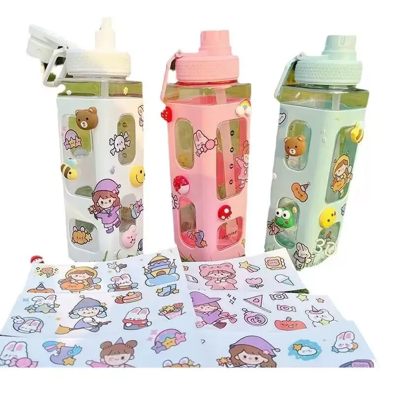 

700ml Kawaii Water Bottle With Straw 3D Cute Bear Sticker Bpa Free Plastic Square Sippy Cup Poratable Drinkware Coffee