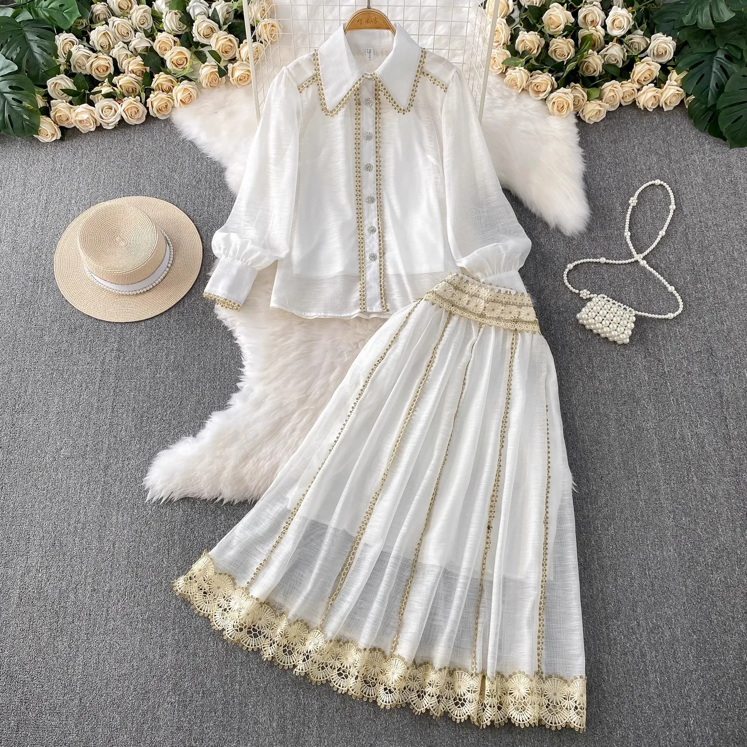 Elegant Shirt Skirt Suit Women Long Sleeve Lace Splice T-Shirt High Waist Pleated Long Skirts 2025 Summer Chic Office Lady Sets