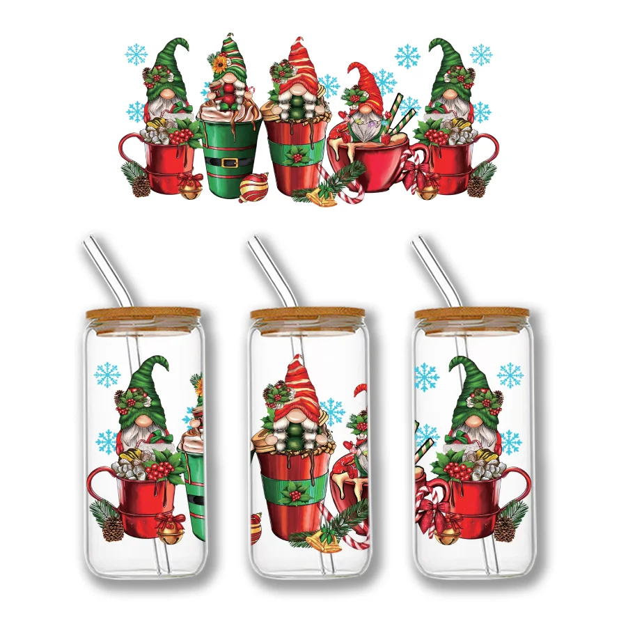 UV DTF Transfer Stickers Christmas Themed Libbey Cup Wrap Iron For Glass 16oz Can