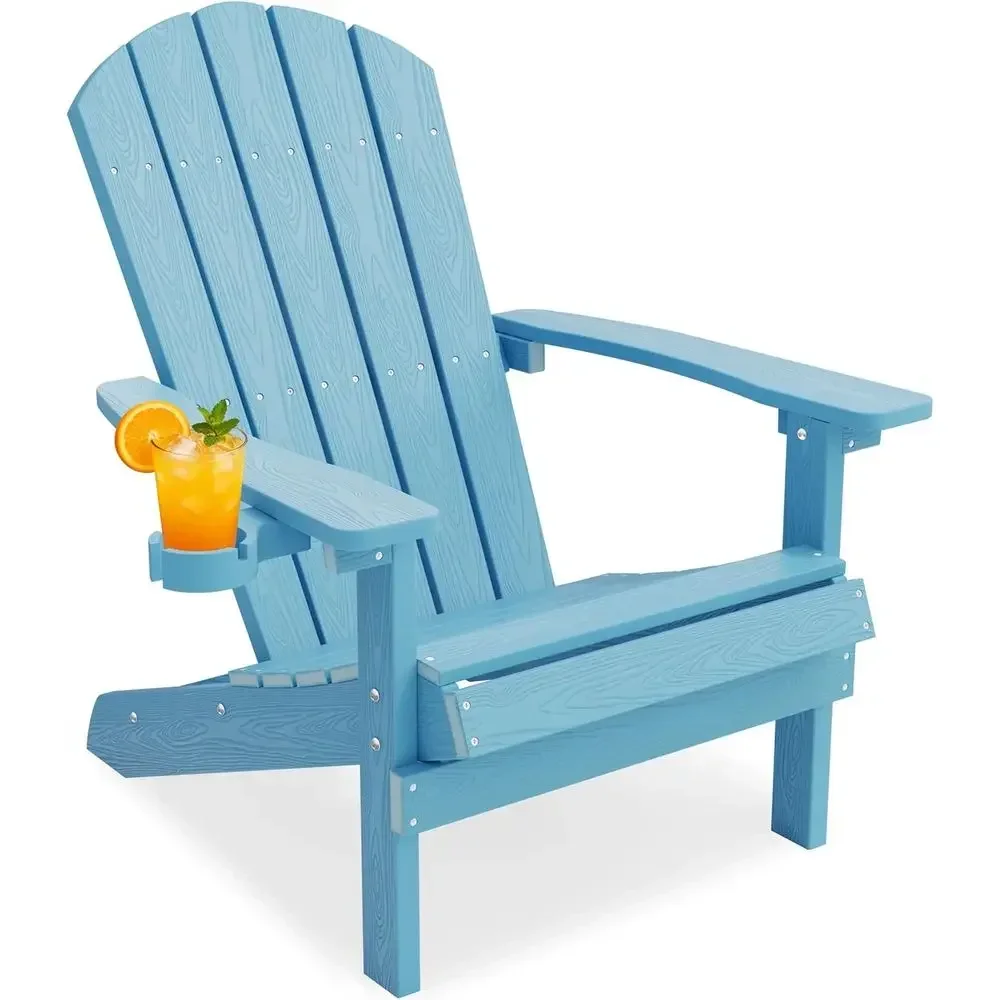 Adirondack Chair with Cup Holder, All-Weather Outdoor Chair, Blue | HIPS Plastic ire Pit Chair with Wood Texture, Weather Resist