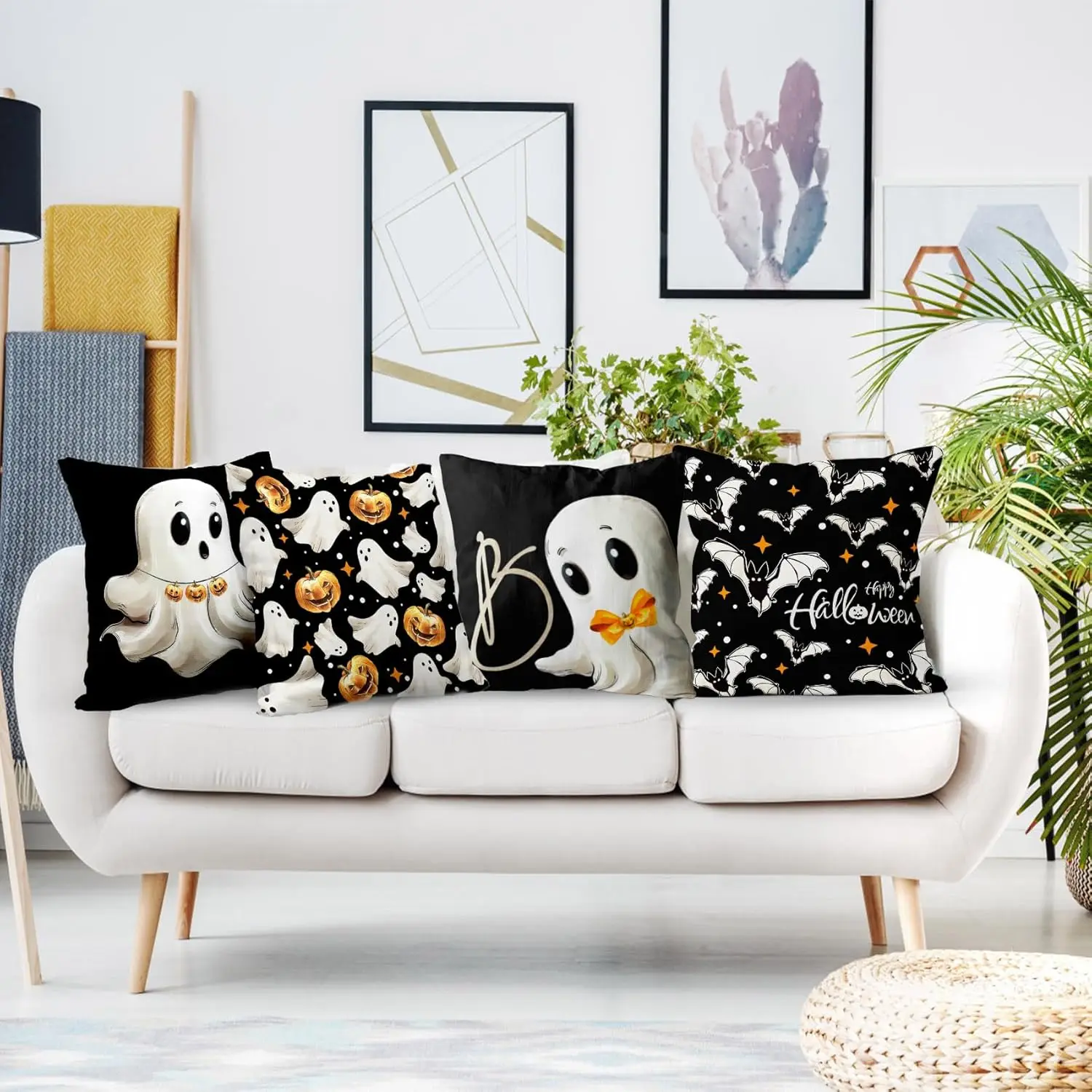 Spooky Halloween Pillow Covers 18x18 Inch Set of 4, Horror Bat Gothic Black and White Ghost Throw Pillow Covers Decorative