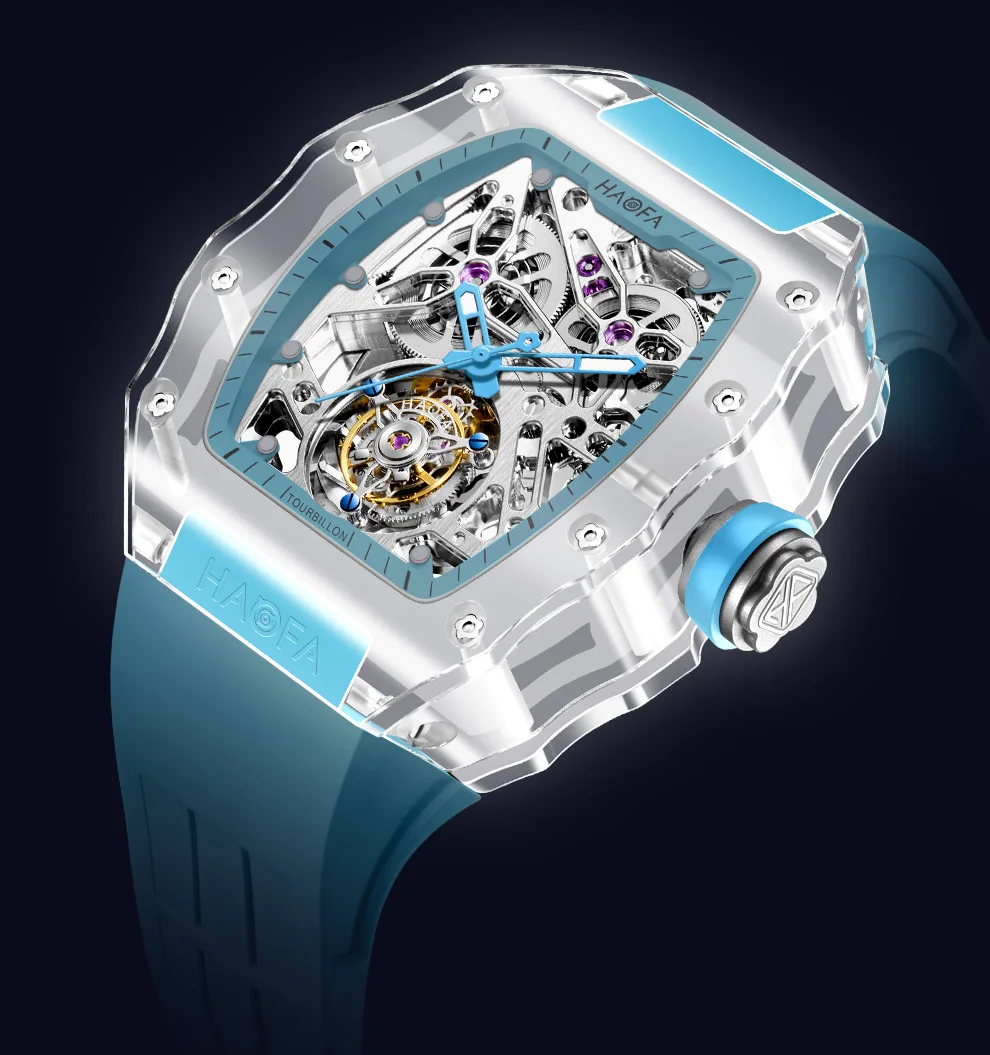 Haofa Full Crystal Transparent Tourbillon Watch Luxury Hollowing Automatic Mechanical Watch Waterproof Luminous Mens Watch  2201