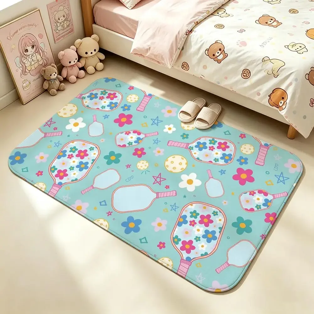 Cartoon Pickleball Paddle Allover Floor Mat Soft Non-Slip Bath Mat, Bedside Carpet, Absorbent Doormat for Home
