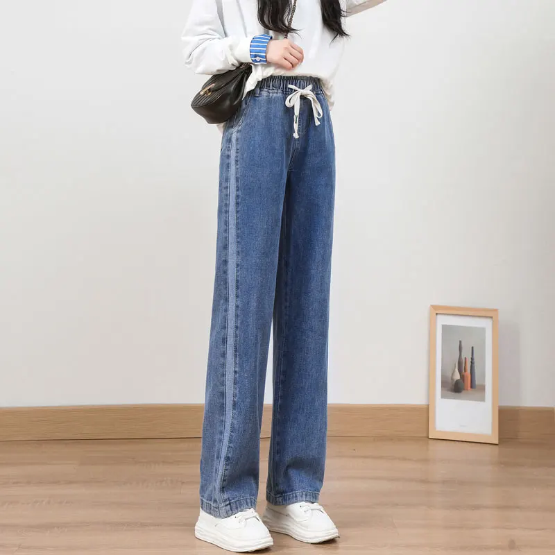 

Korean Wash Pathwork Loose Loosing All Match High Waist Straight Leg Wide Leg Jeans Female Autumn Spring 2024 Ladies New G219