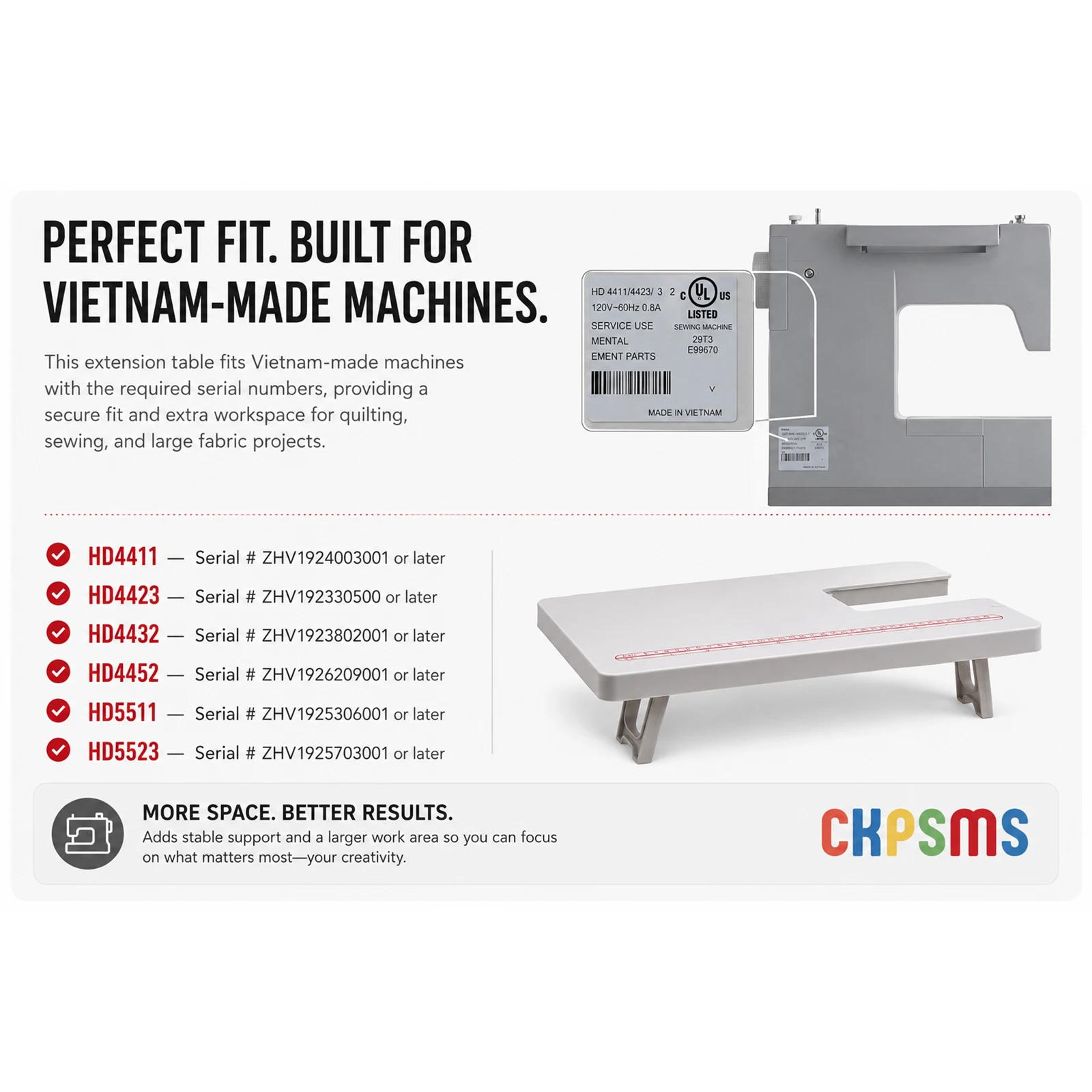 1PCS #KP-19242 EXTENSION TABLE FOR SINGER 4411, 4423, 4432, 4452 ,5511, 5523 Heavy Duty Sewing Machines