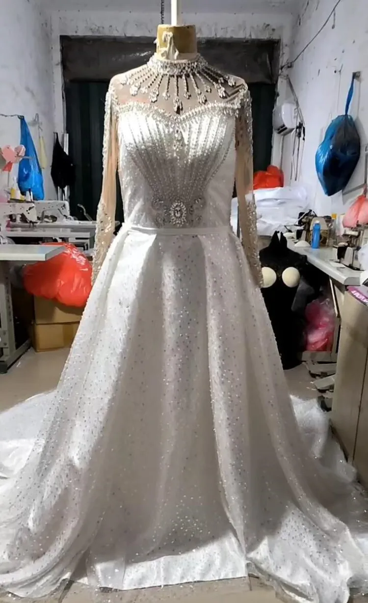 Customized Gorgeous High Collar Shinny Crystals Beads Wedding Dress  Long Sleeves 2 In 1 Ballgown Corset Back Bridal Gowns