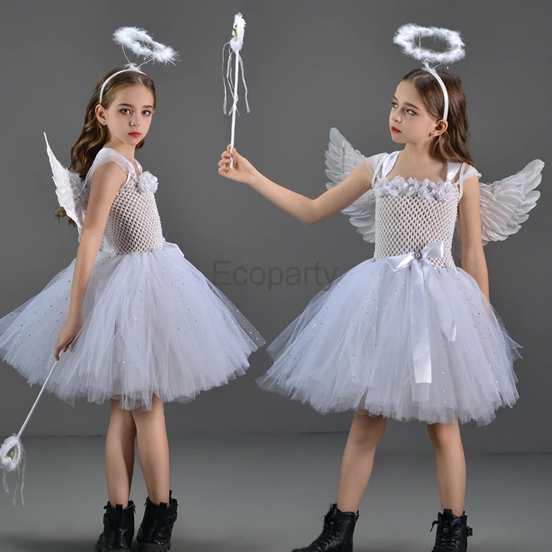 3pcs Kids Angel Cosplay Costume Fancy Girls White Short Sleeve Mesh Goddess Dress with Wing headwear Children Halloween Costume