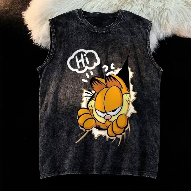 2025 رجل قميص بدون أكمام HelloKitty الكرتون طباعة سترة الصيف عادية رياضة تي شيرت المرأة خمر غسلها المتضخم تانك القمم Y2k #3
