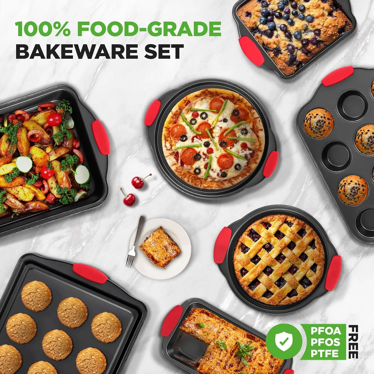 Non-Stick Oven Baking Pans Set, Gray Coating Inside & Outside with Red Silicone Handles, 8-Piece Commercial Grade Bakeware