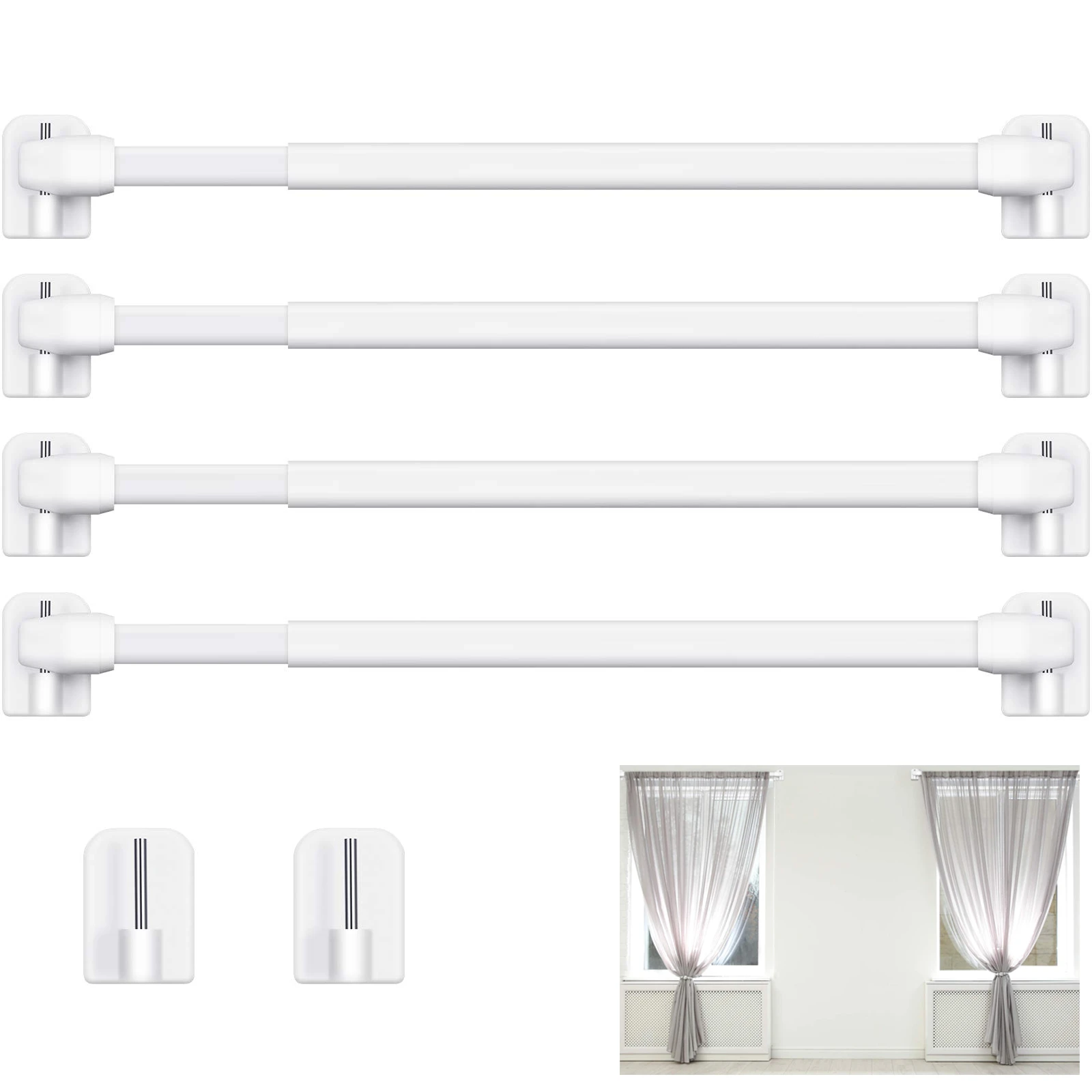 4Pcs Adjustable Curtain Rod Bathroom Bar Shower Extendable Telescopic Poles Without Drilling Hanger Rods for Kitchen Home Hotel