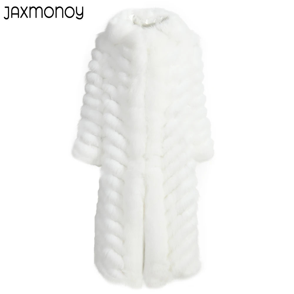 

Jaxmonoy Winter Real Fox Fur Long Coat Women 100% Real Silk Liner Double Side Wear Trench 2022 New Warm Reversible Outerwear