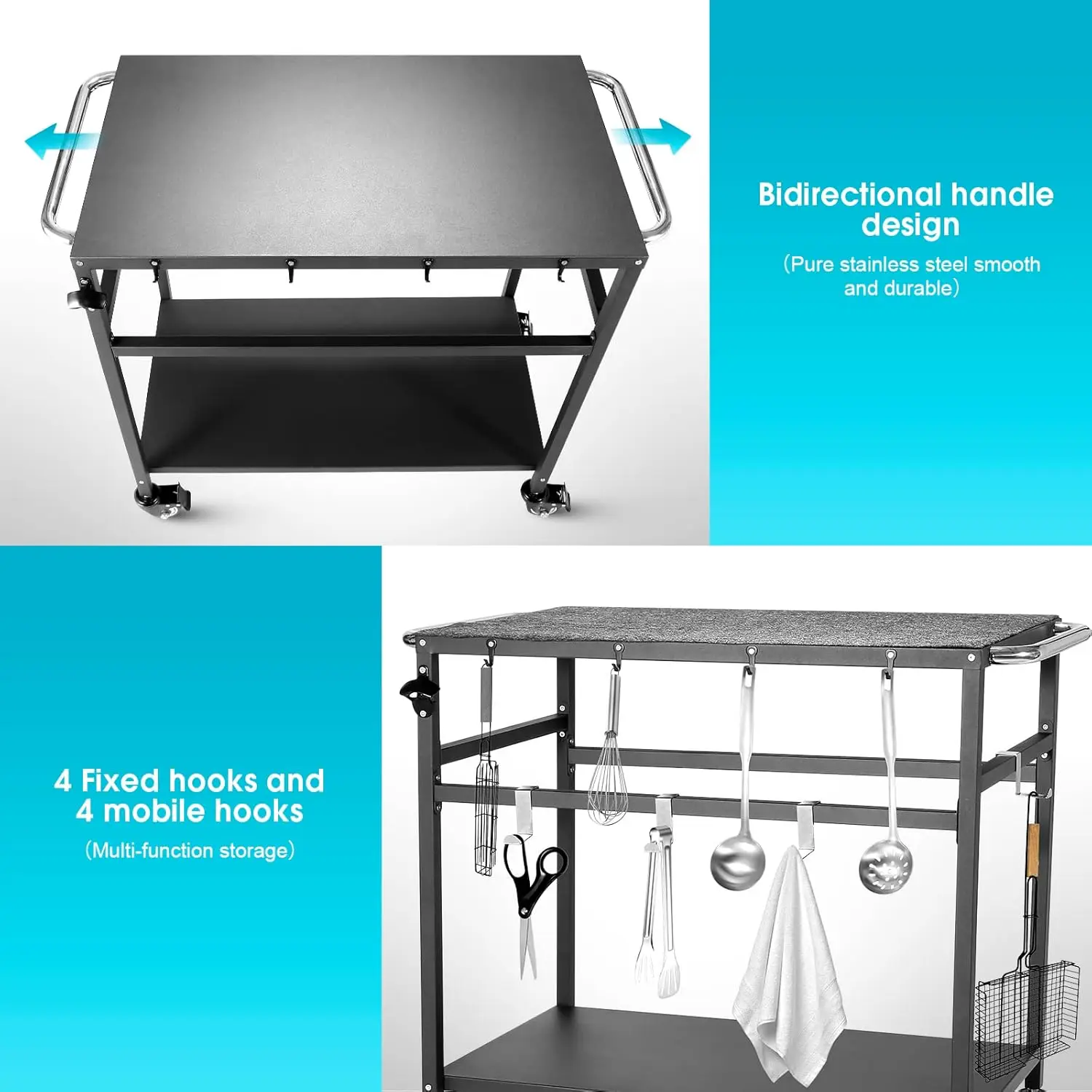 Outdoor Grill Table with Storage for Patio,Double-Shelf Movable Kitchen Cart Island Table on Wheels with Grill Mats