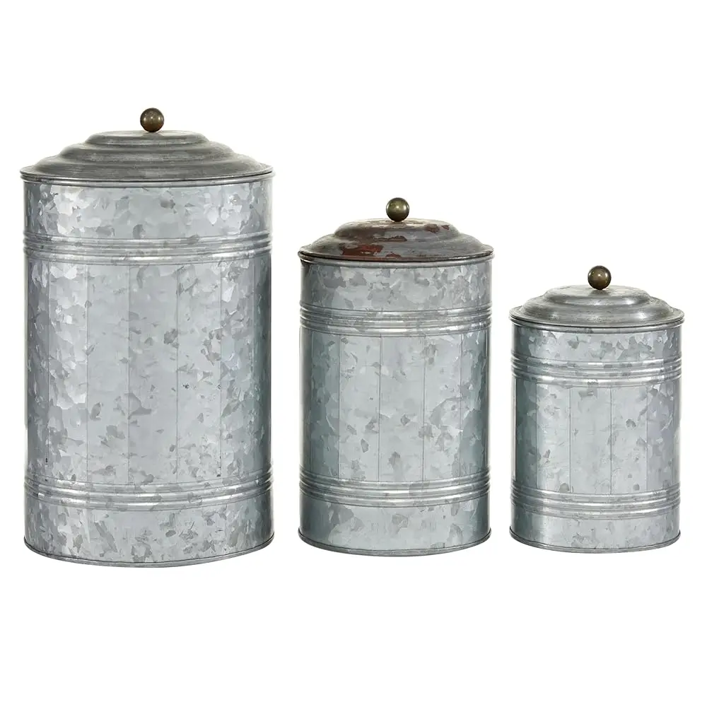 

Metal Living Room Decorative Jars Galvanized Ribbed Decorative Container With Gold Ball Knobs, Set Of 3 Jar With Lid 12"", 9"",