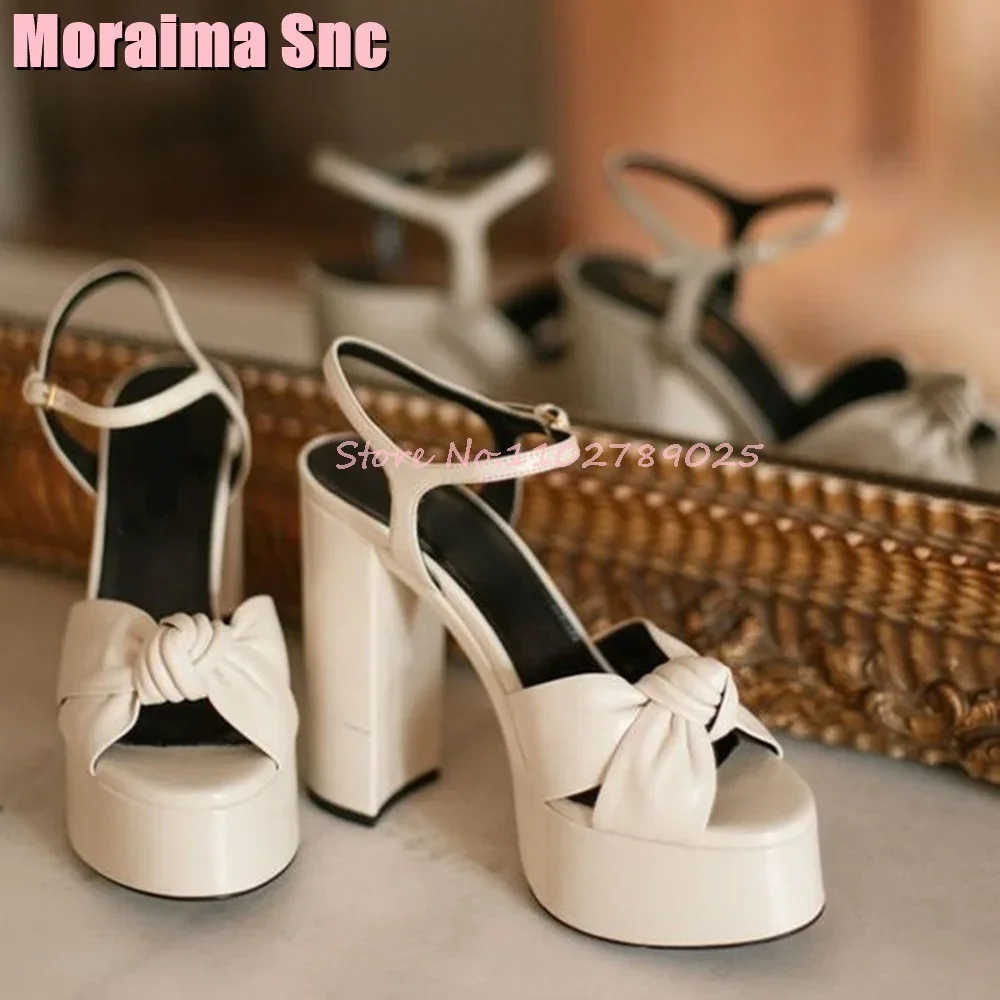 

Platform Knot Peep Toe Sandals Block Chunky Heel Ankle Buckle Strap White Solid Sexy Fashion Women Shoes Summer Runway 2024 New