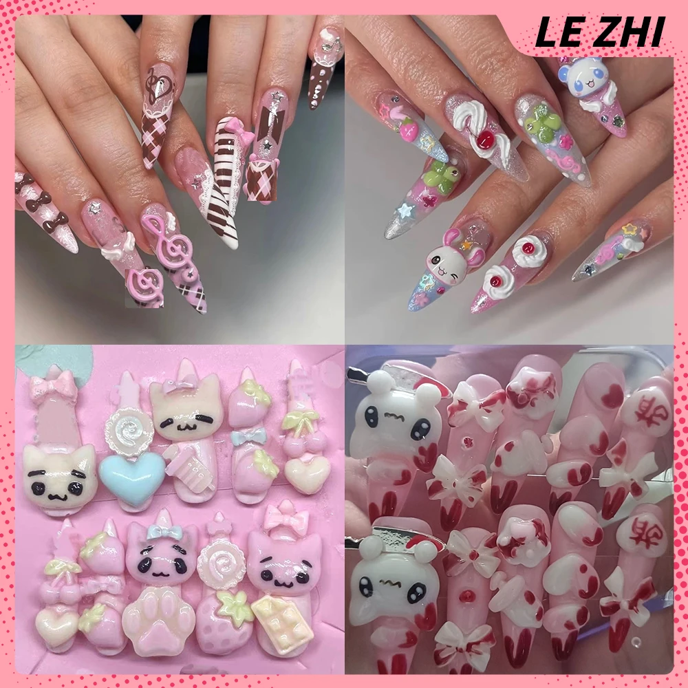 Y2K Japanese Kawaii Handmade Press On Nails 3D Cute Animal Bow Dot Pink White Design Long Almond False Nails Art Accessories