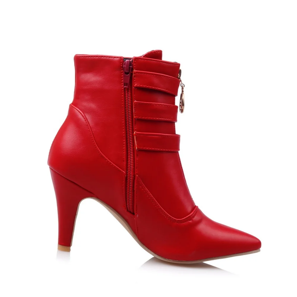 Brand New Hot Sales Women Nude Ankle Boots Red Black Buckle Ladies Riding Spike Shoes High Heels EMB08 Plus Big size 32 45 11