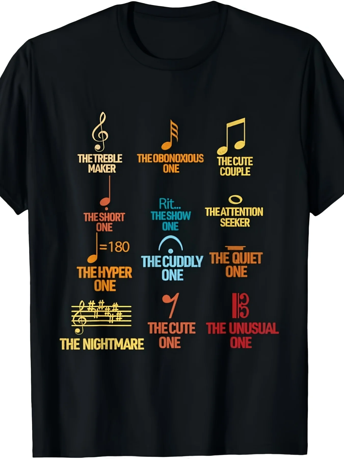 Humorous T-Shirt For Men Featuring Music Notes And Symbols - Vintage Design With Treble And Bass Clefs, Quavers, And Semi-Breves