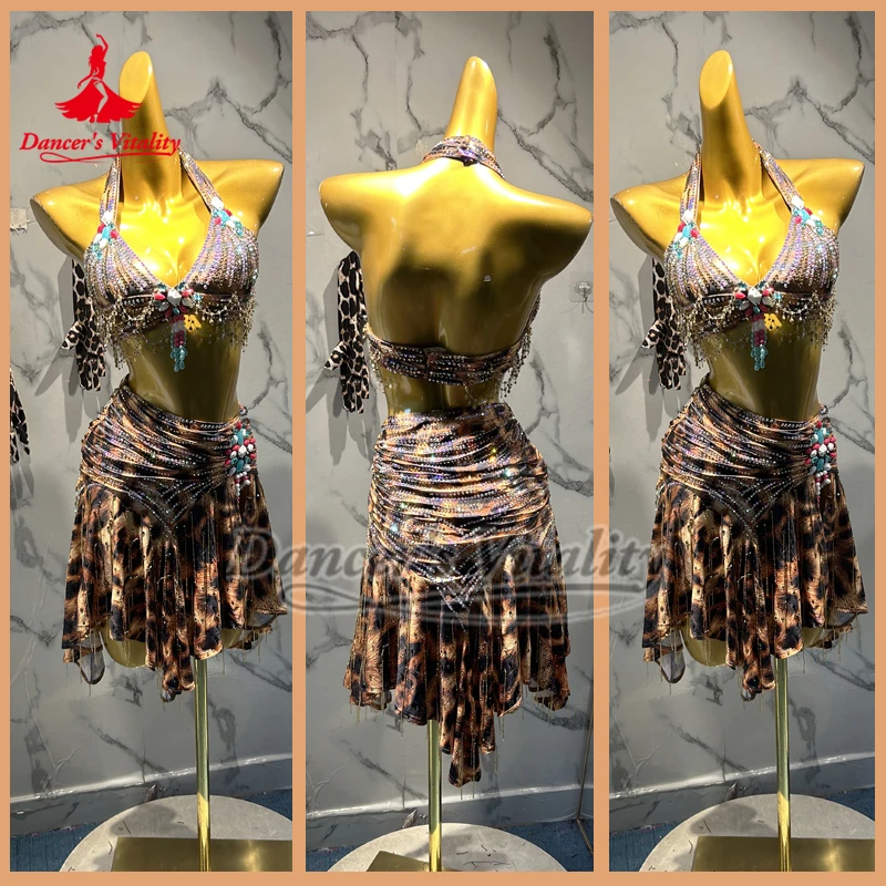

Adult Female Latin Dance Sexy Leopard Print Two-piece Suit Dancer's Vitality Salsa Chacha Samba Professional Clothing Customize