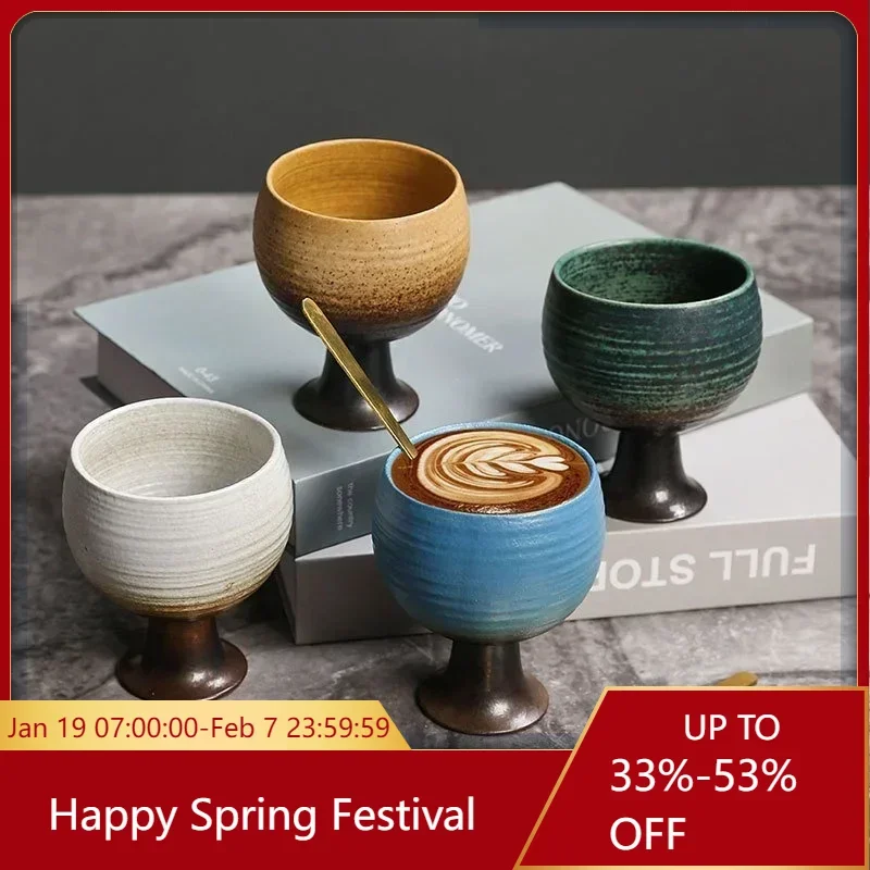 Coarse Pottery Coffee Cup Retro Style Dessert Yogurt with Spoon Goblet Leisure Afternoon Tea Desktop Decoration Ceramic Cup