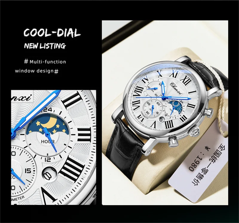 CHENXI 973 Herren-Quarz-Armbanduhr, wasserdicht, leuchtender Chronograph, Multifunktions-Mondphase-Herrenuhren, часы Afrikaans – Detail 8