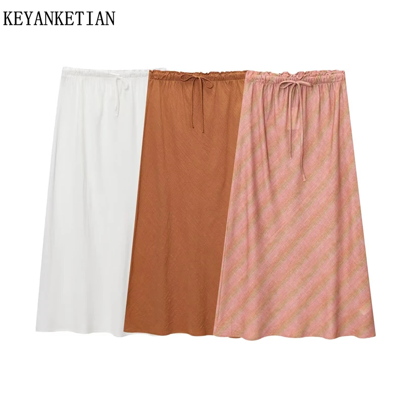 

KEYANKETIAN 2022, осенняя новая женская льняная юбка-миди, праздничная ветровая тонкая юбка трапециевидной формы с эластичной резинкой на талии и завязками до щиколотки
