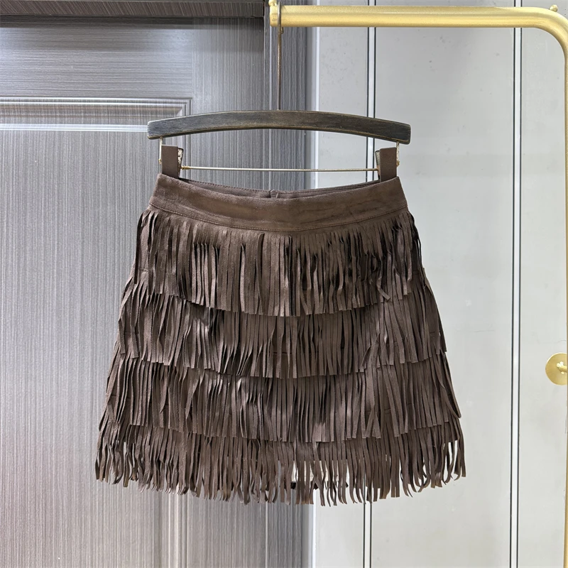 

Модная замшевая юбка с высокой талией и кисточками для женщин, повседневная осенняя юбка трапециевидной формы на хлопковой подкладке на молнии