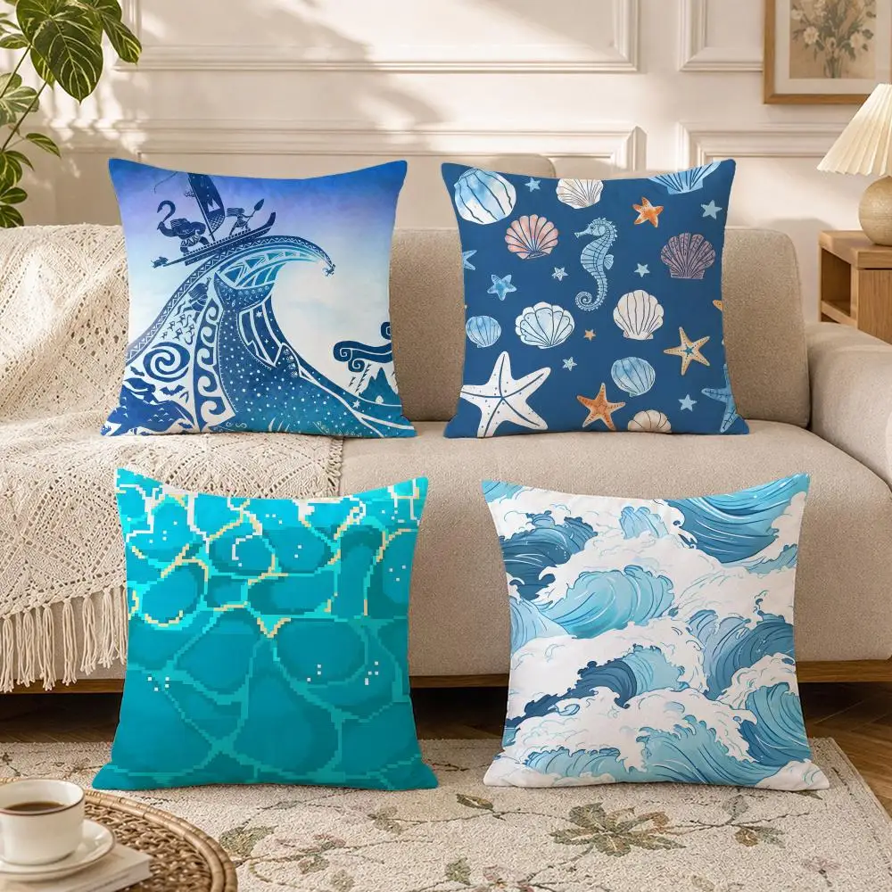 Element-Light blue ocean rippleS Cushion Cover Soft Square Throw Pillow Covers Set for Sofa Bedroom Car Home Decoration
