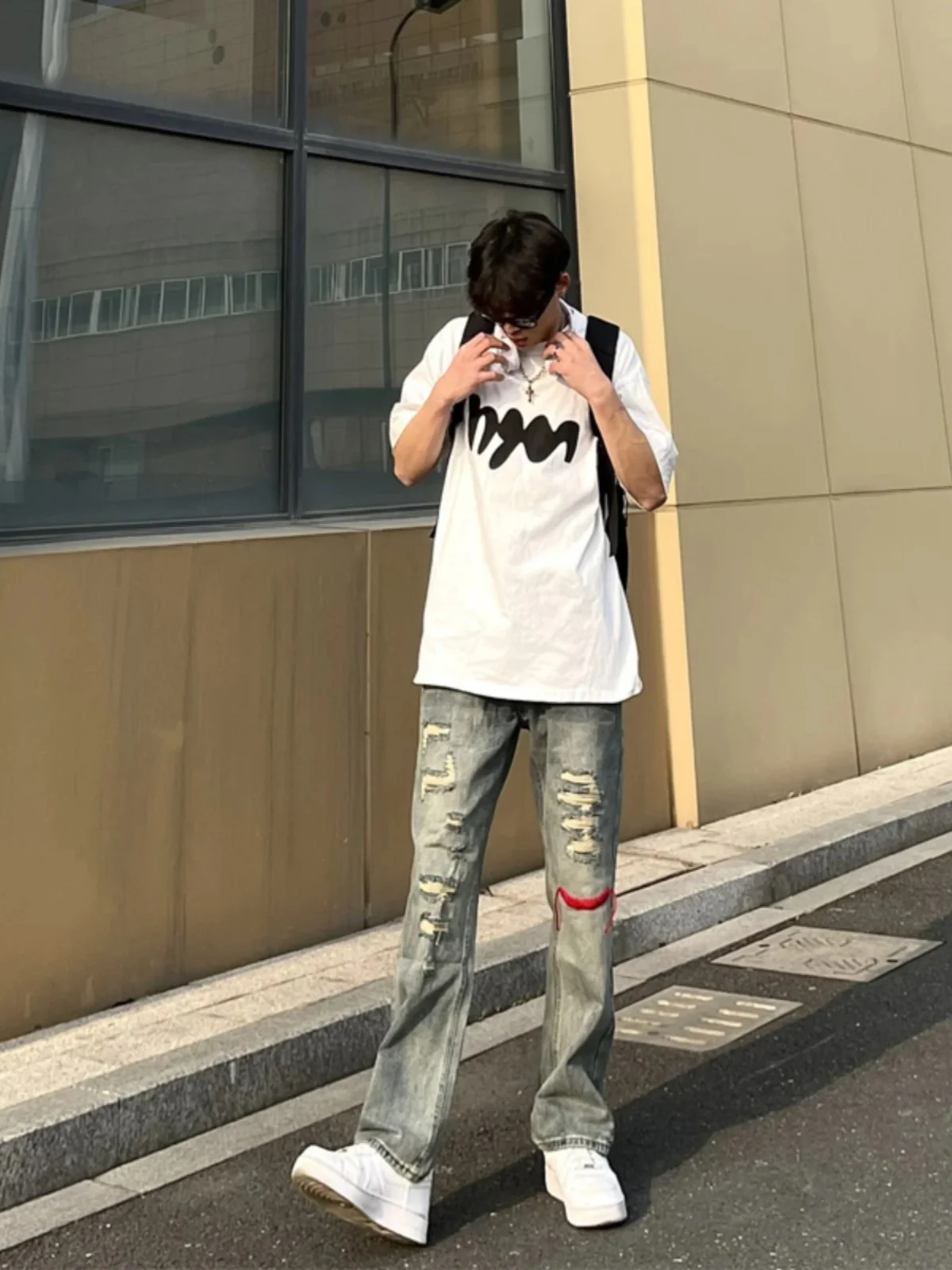 

Американские ретро-джинсы из синего денима для мужчин: новые модные брендовые брюки с рваным дизайном, прямые, удлиненные, в стиле High Street Haome