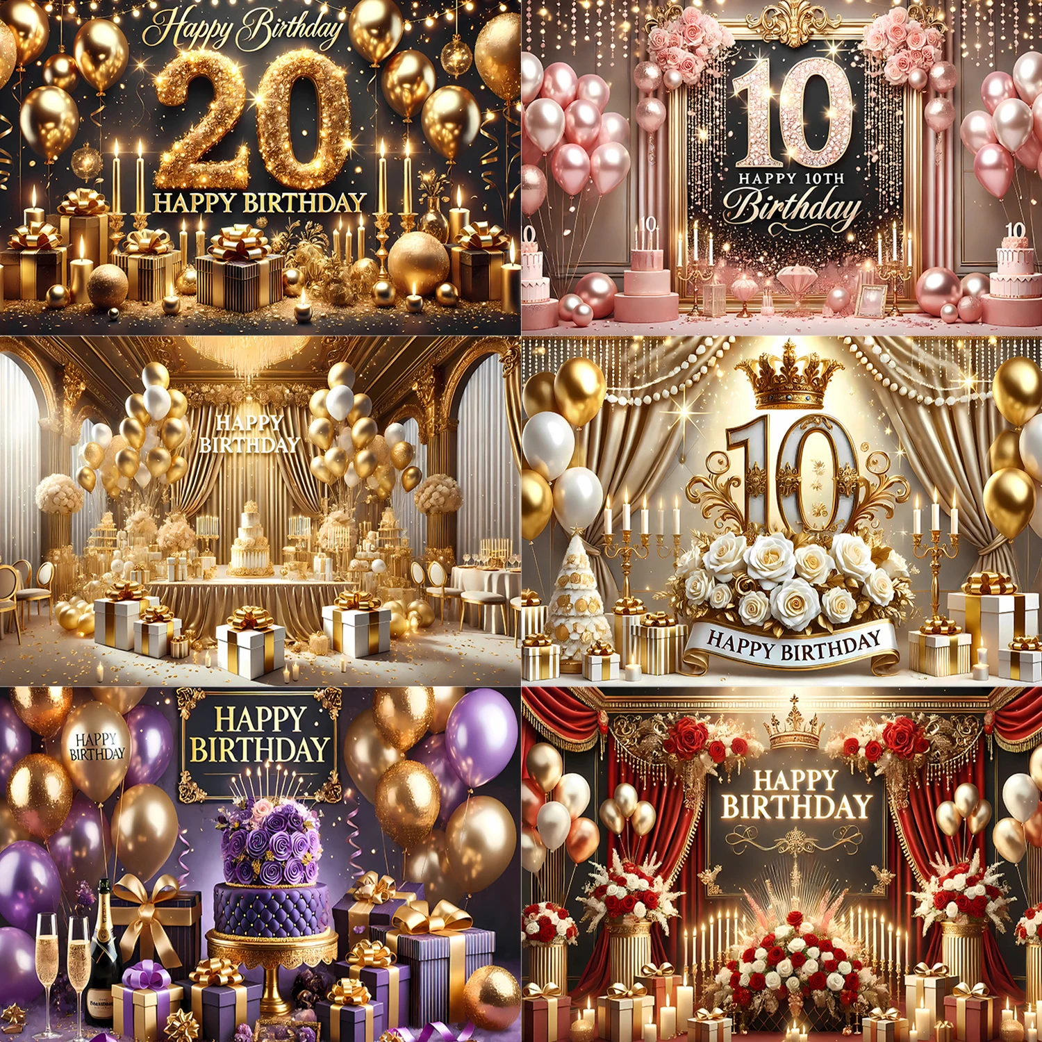 

Happy Birthday Theme Background Luxury Crown Firework Flower Scene Golden Balloon Rose Party Decor Childdren Gift Prop Banner