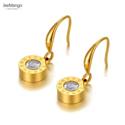 JeeMango Classic 316L Stainless Steel Roman Numeral Wedding Earrings For Women Trendy CZ Crystal Dangle Earrings Jewelry JE21079