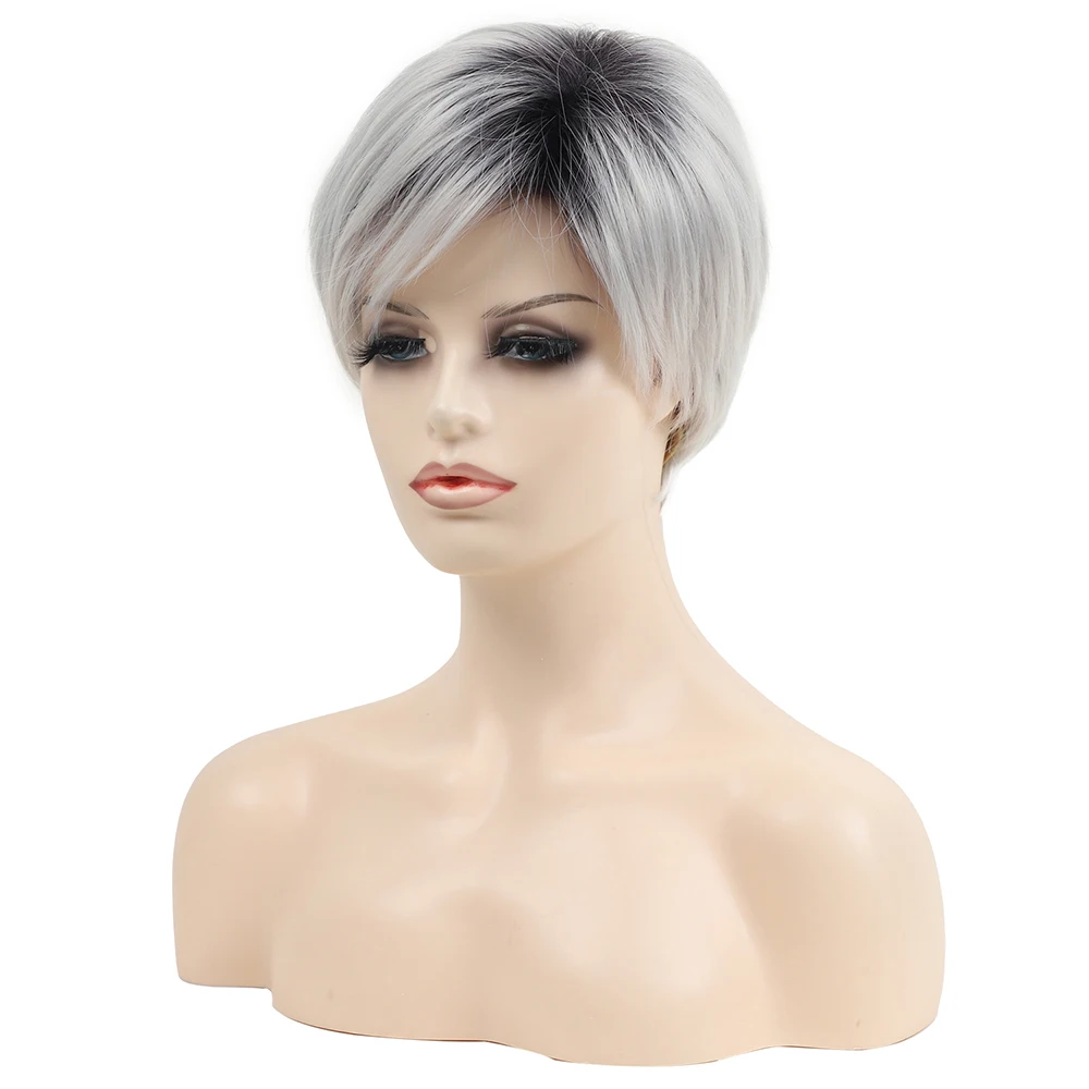 Amir Dark Root Ombre Light Grey Short Hair White Wigs Fluffy Pixie Cut Synthetic Wig for Black Women Heat Resistant Cosplay